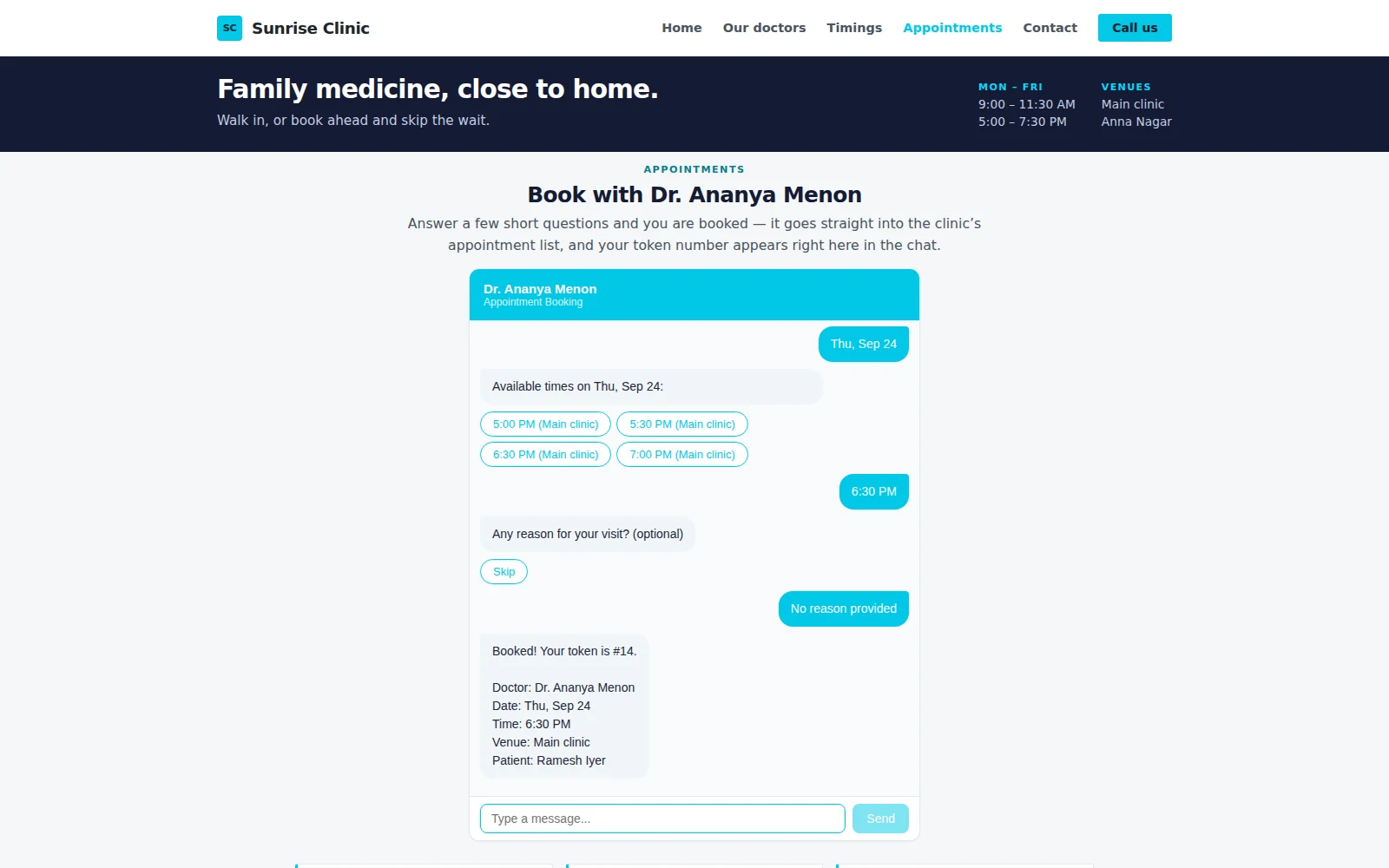 A clinic website with the booking chat sitting in the middle of the page: it has offered the doctor’s free evening times as buttons, the patient has picked 6:30 PM and skipped the reason, and the chat has confirmed the booking with token #14, the date, the time and the venue.