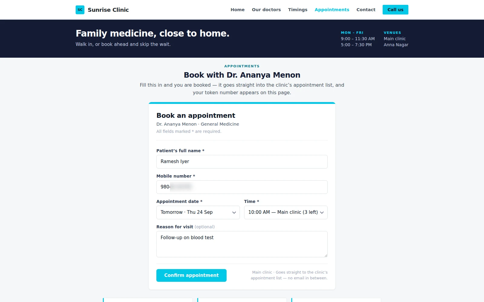 A clinic website with a booking form open in the corner: fields for the patient’s full name, mobile number, appointment date and time, and an optional reason for the visit, above a Confirm appointment button. The time list shows the venue and how many places are left.