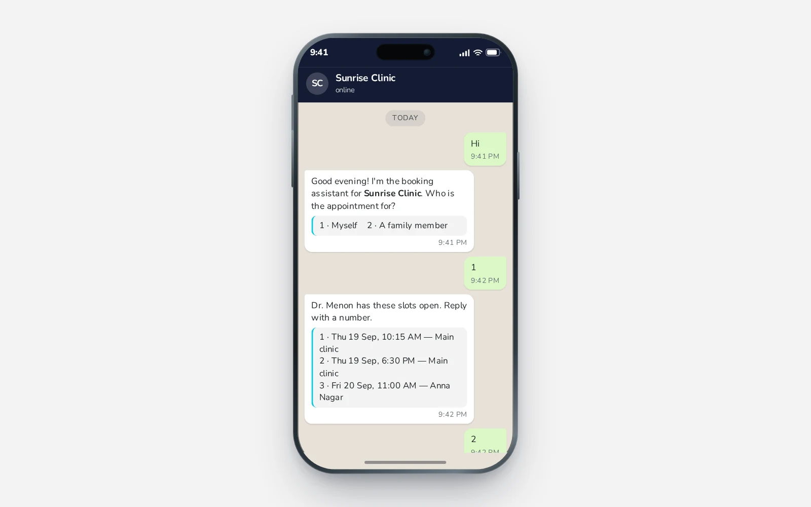 A WhatsApp conversation with Sunrise Clinic: the patient says hi, the assistant offers three appointment slots, the patient replies with a number and the clinic confirms the booking with a token.