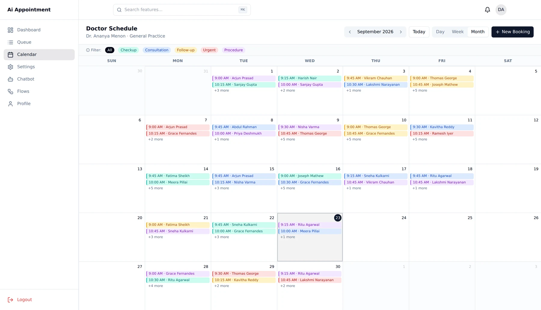 The Doctor Schedule calendar in month view: appointments colour-coded by type across every working day, with the 24th and 25th left blank as marked leave.