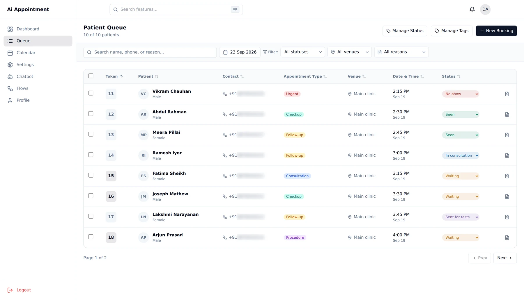 The Patient Queue screen: ten patients listed by token number with name, age, contact, venue, appointment time and an editable status dropdown showing Waiting, In consultation, Sent for tests, Seen and No-show.